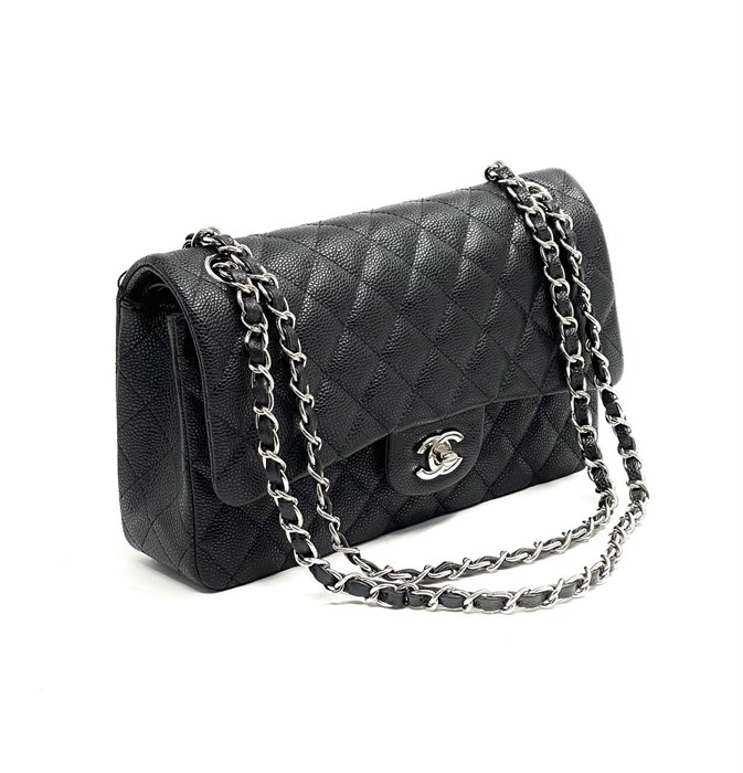 CHANEL сумка 2.55 кожа икра в клетку 25 см черная серебро СК-9793