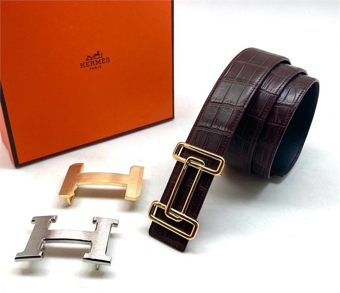 HERMES ремень крокодил джинсовый съемная пряжка темно-бордовый РМ-1056