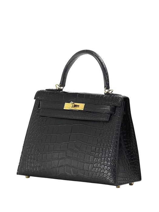 HERMES сумка KELLY 28 см черная кожа крок золото СК-00497