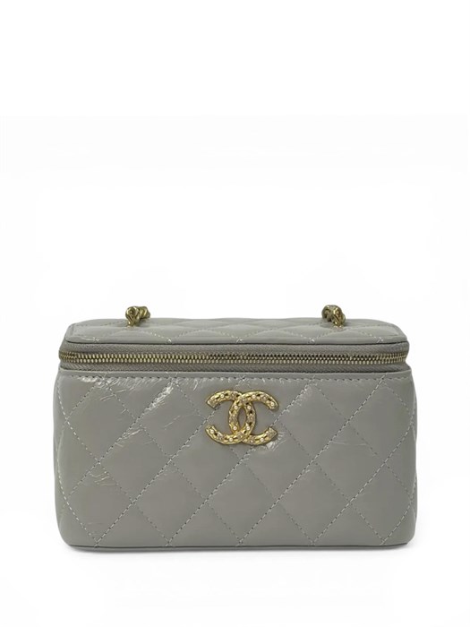 CHANEL сумка Vanity гладкая кожа серая большой логотип золото СК-01265