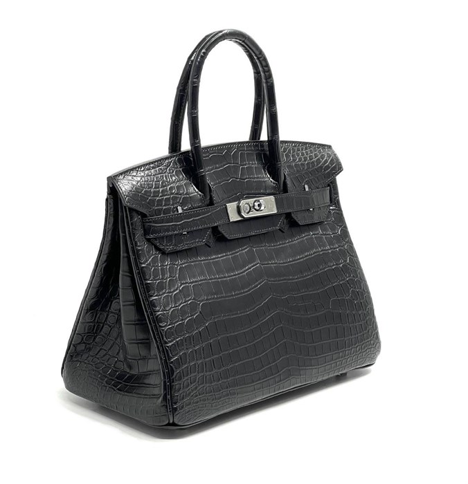 HERMES сумка Birkin 30 см черная кожа крокодила серебро СК-00386