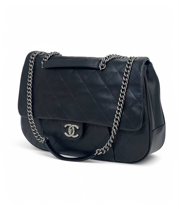 CHANEL сумка гладкая кожа с клапаном черная серебро СК-00258