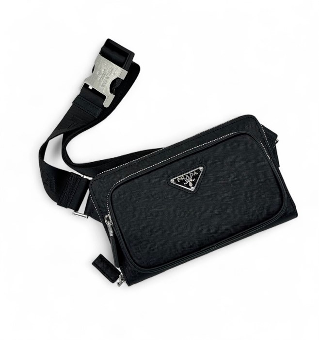 PRADA поясная сумка кожа эпсом черная с логотипом на двух молниях СЛ-2668