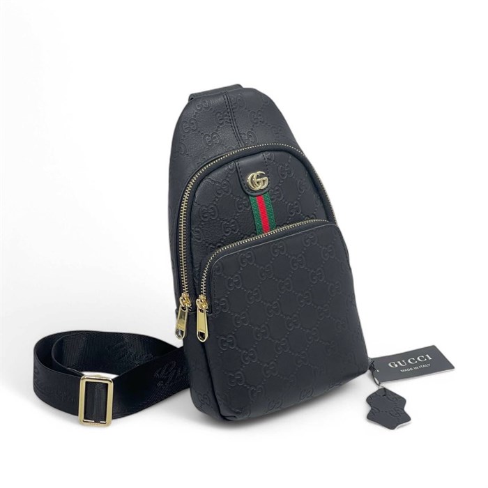 GUCCI слинг кожа тисненная монограмма черная с текстильно красно зеленой полоской по центру СЛ-1956