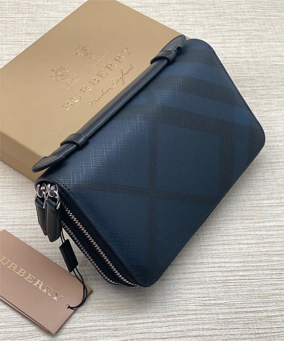 BURBERRY кошелек большой клетка с двумя молниями и с ручкой темно-синий КЛ-1494