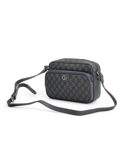 GUCCI мессенджер серый канва монограмма маленький с наружным карманом на молнии МС-1886