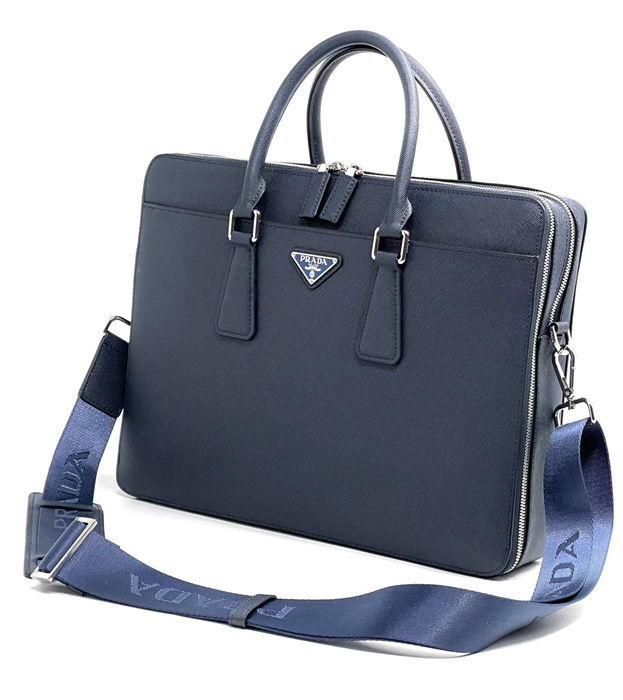 PRADA портфель кожа софьяно мягкий синий с двумя молниями ПР-2059