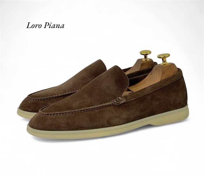 LORO PIANA лоферы низкие замша шоколадные с белой подошвой ОК-2446