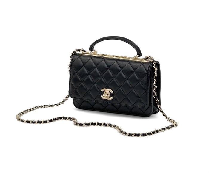 CHANEL сумка Woc гладкая кожа в клетку черная золото c камнями СК-00265