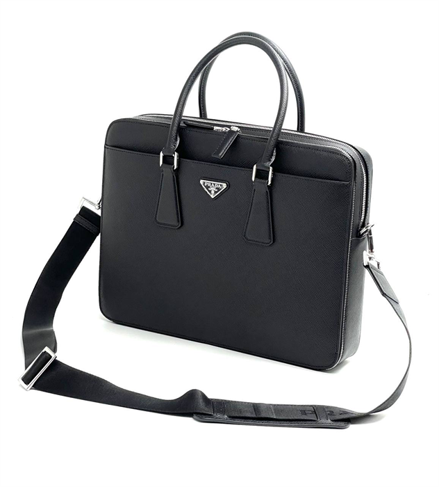 PRADA портфель кожа софьяно мягкий черный с двумя молниями ПР-2590