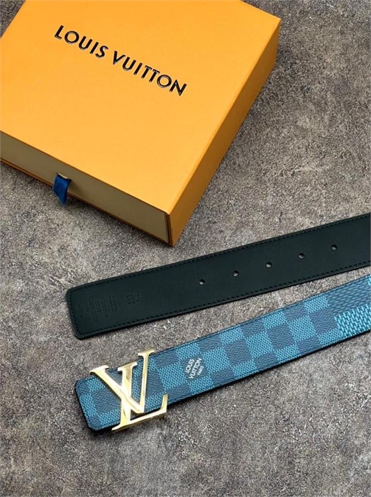 LV ремень двухсторонний синий в новую шашку-черный гладкая кожа пряжка LV золото РМ-1734