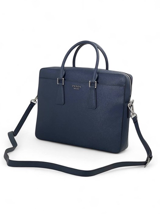 PRADA портфель кожа софьяно синий фурнитура серебро с двумя отделениями ПР-2165