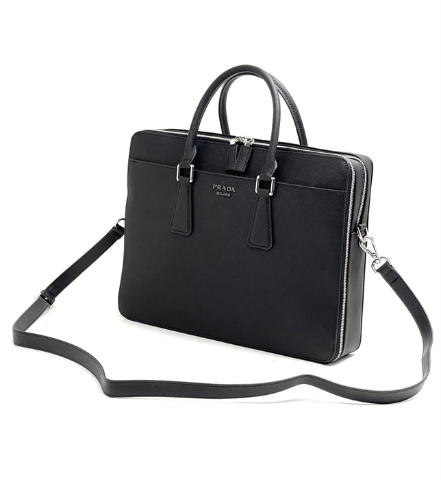 PRADA портфель кожа софьяно черный фурнитура серебро с двумя отделениями ПР-2632