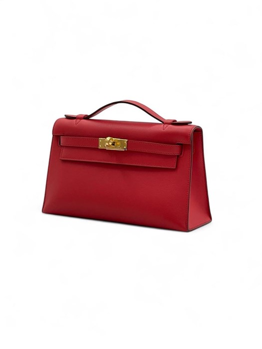 HERMES клатч POCHETTE 22 см красная кожа свифт золото СК-00393