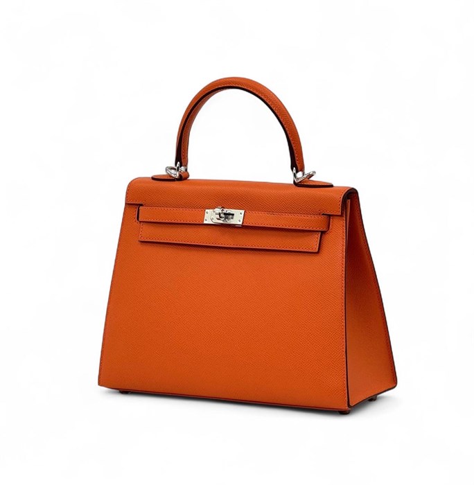 HERMES Kelly 25 см сумка оранжевая кожа эпсом серебро СК-00502