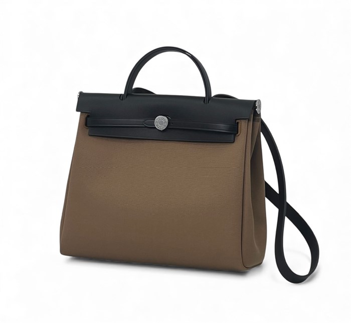 HERMES Herbag сумка 31 см коричневый текстиль черная кожа серебро СК-00516