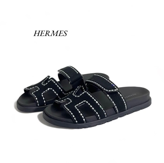HERMES шлепанцы на перемычке  черная замша с стразами СЛ-00554