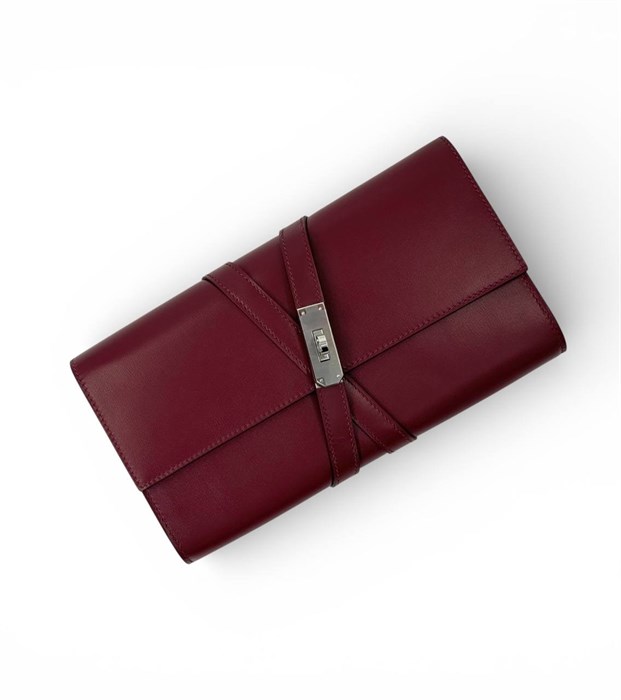 HERMES клатч бордовый кожа бокс с хлястиками серебро СК-00608