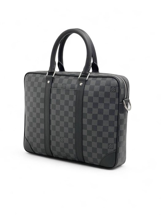 LV портфель с ремнем серая шашка кармашек сбоку между кожаными полосами уголки кожаные ПР-2478