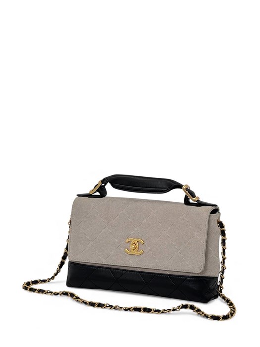 CHANEL сумка клетка замша серая и черная кожа золото СК-00287