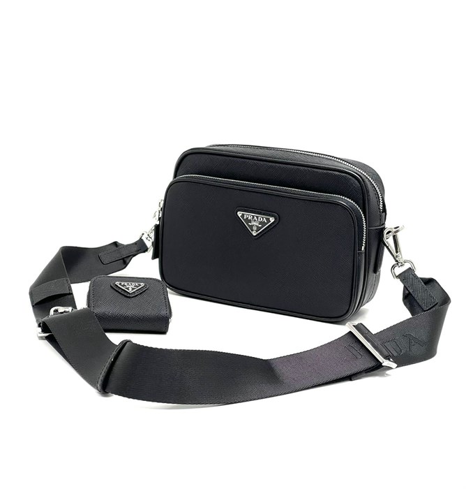 PRADA мессенджер черный из кожи софьяно маленький прямоугольный с внешним карманом на молнии МС-2667