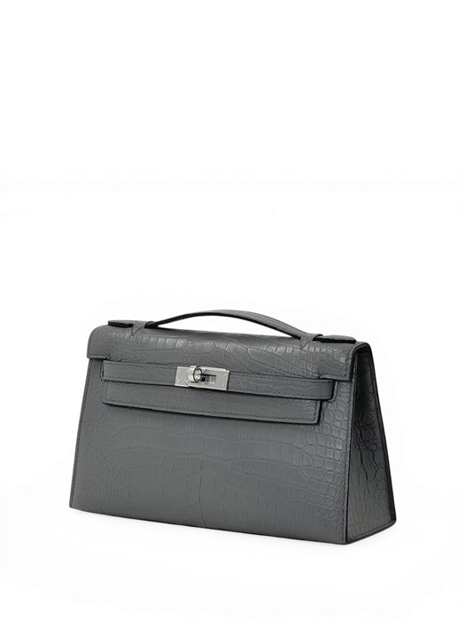 HERMES клатч POCHETTE 22 см графитовая кожа крокодила серебро СК-00374