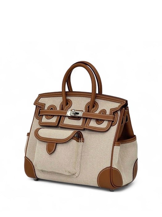 HERMES сумка Birkin Cargo 25 см текстиль бежевая с кожей кэмел серебро СК-00441