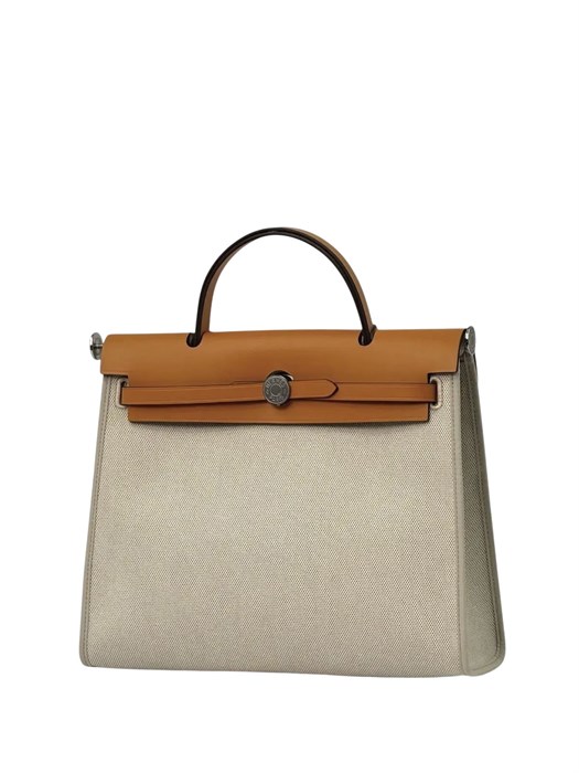 HERMES Herbag сумка 31 см бежевый текстиль оранжевая кожа серебро СК-01231