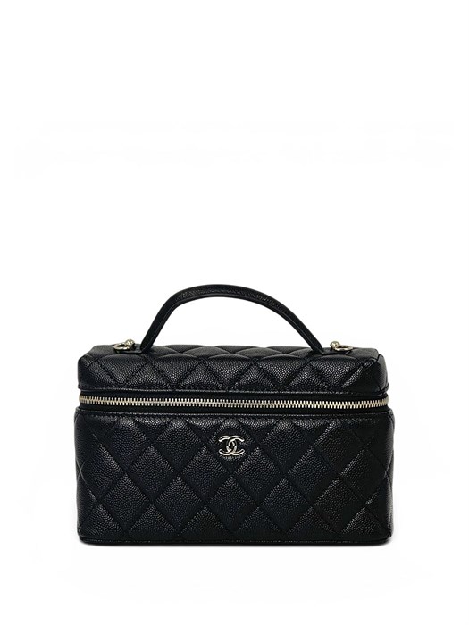 CHANEL сумка Vanity с ручкой кожа икра клетка черная золото СК-01538