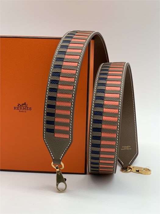 HERMES ремень для сумки кожа в полоску сине-розовый РМ-9580