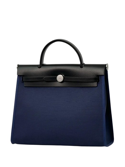 HERMES Herbag сумка 31 см синий текстиль черная кожа серебро СК-01233