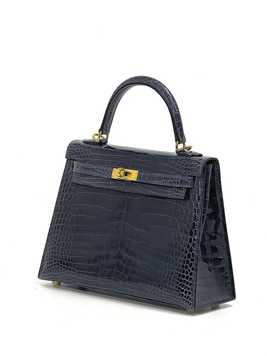 HERMES сумка KELLY 25 см лаковая кожа крокодила синяя золото СК-00779