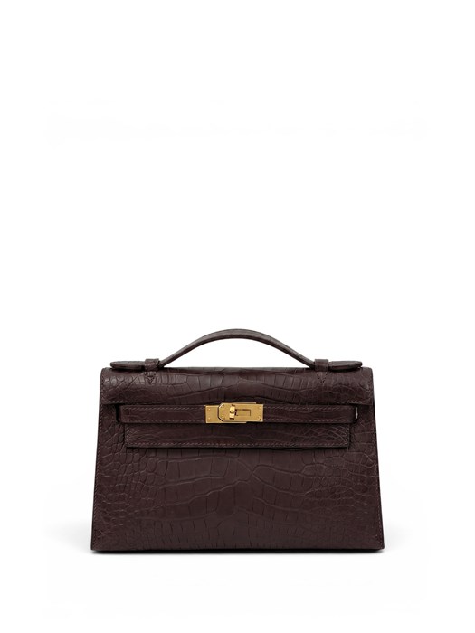 HERMES клатч POCHETTE 22 см коричневая кожа крокодила золото СК-00369