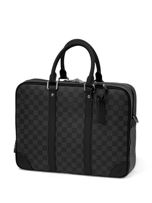 LV портфель большой с двумя разделами на молниях канва серая шашка ПР-0089