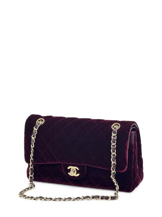 CHANEL сумка 2.55 бархат в клетку 25 см шампань бордовая золото СК-00736