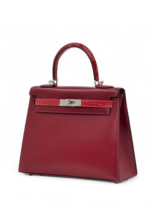 HERMES сумка Kelly кожа гладкая и крокодил 28 см красная серебро СК-00695