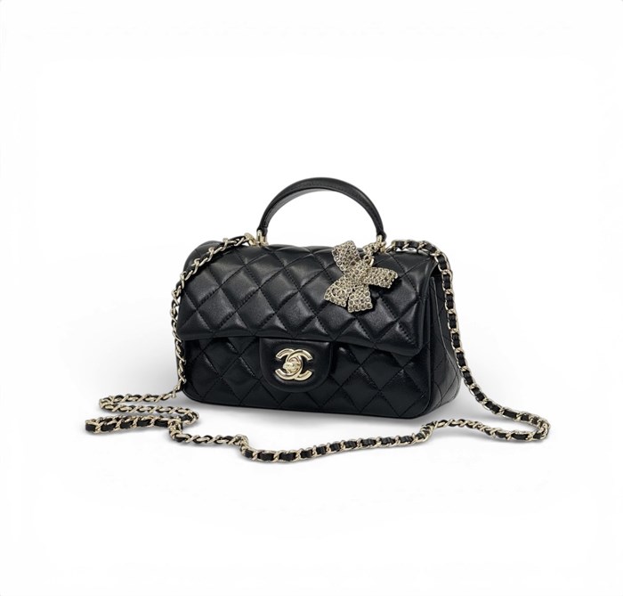 CHANEL сумка гладкая кожа в клетку 20 см черная золото СК-00904