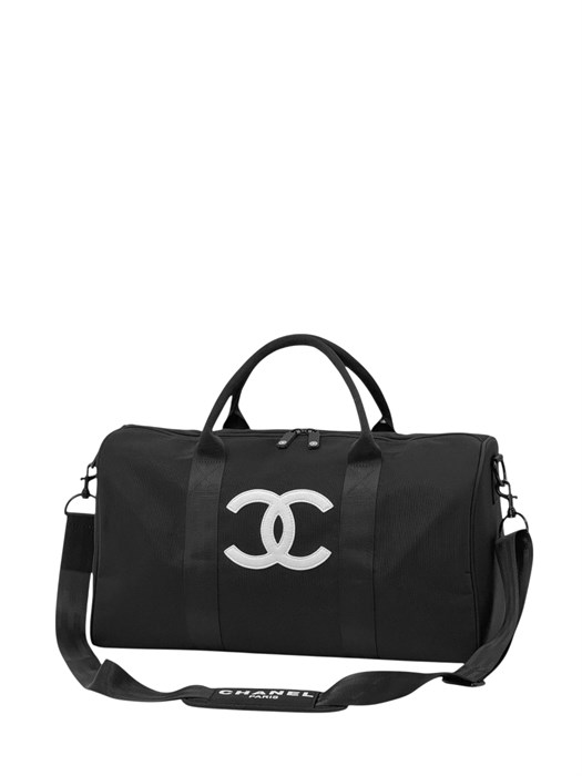 CHANEL дорожная сумка 45 см текстиль черная лого белый ДС-00796