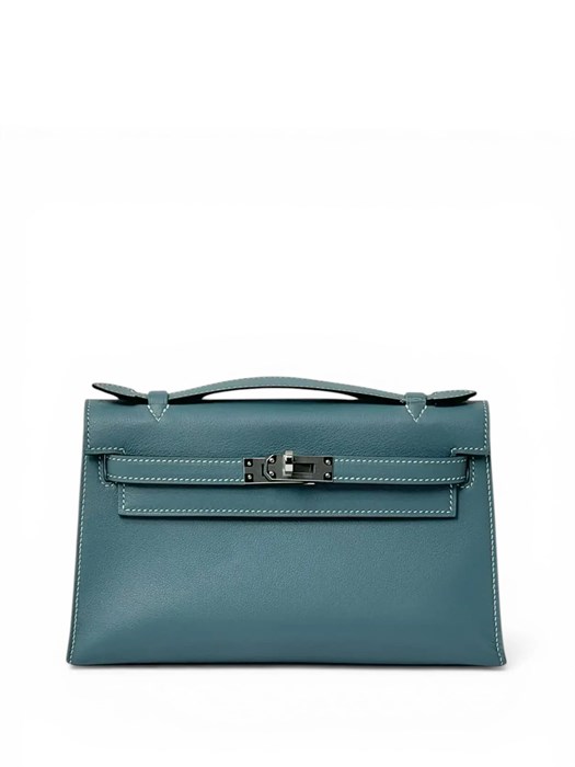 HERMES клатч POCHETTE 22 см голубая кожа свифт серебро СК-01297