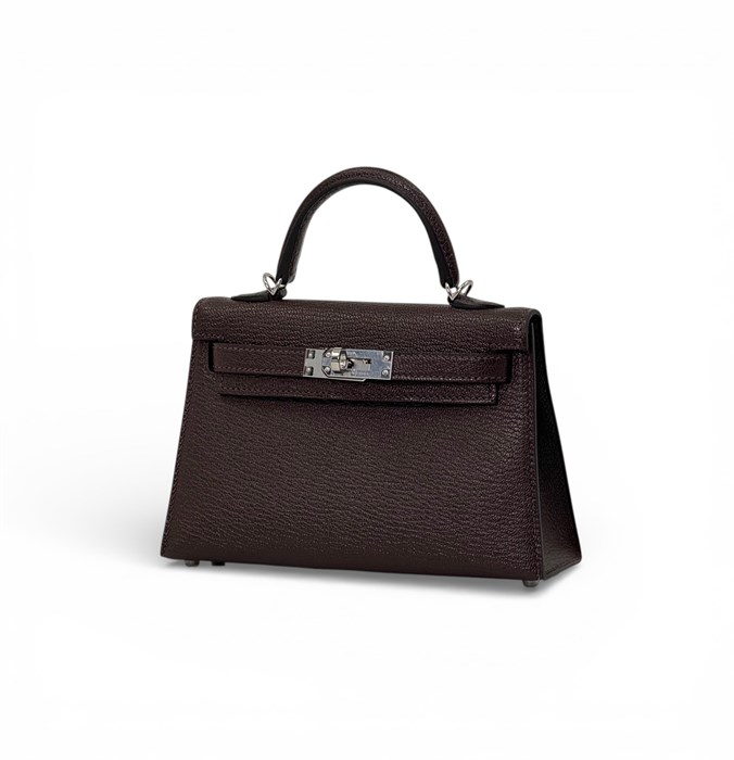 HERMES сумка MINI KELLY 19 см кожа Шевре бордовая серебро СК-00768