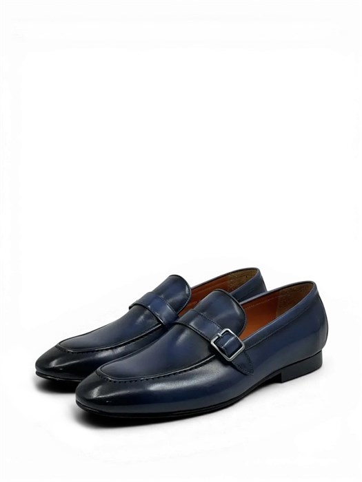SANTONI лоферы гладкая лаковая кожа синего цвета с декоративной пряжкой ОК-01226