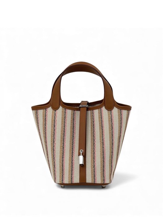 HERMES Picotin 18 см сумка текстиль коричневая кожа серебро СК-00515