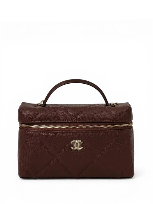 CHANEL сумка Vanity бордовая с ручкой кожа икра крупная клетка золото СК-01256