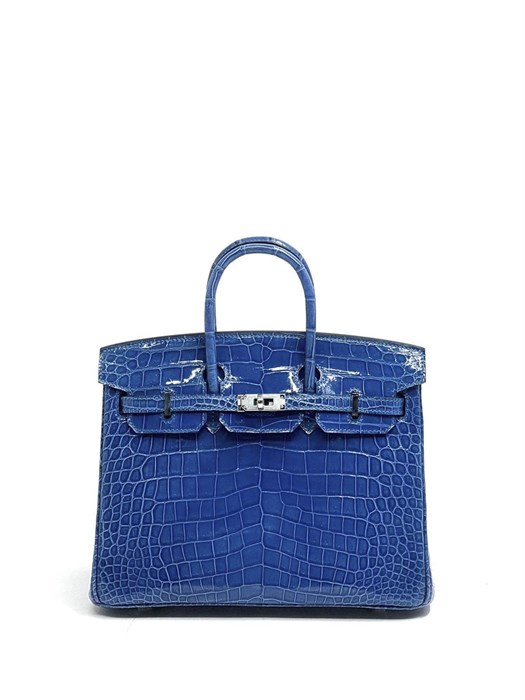 HERMES сумка Birkin 25 см крок лак синего цвета серебро СК-00505