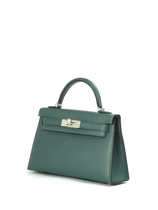 HERMES сумка Mini Kelly кожа Шевре 19 см зеленая серебро СК-00414