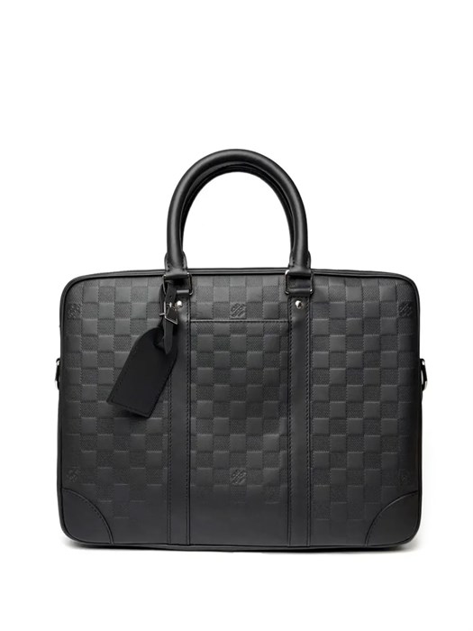 LV портфель Voyage с ремнем черная кожа шашка выпуклая рифленая и гладкая кармашек сбоку между кожаными ремнями ПР-2494