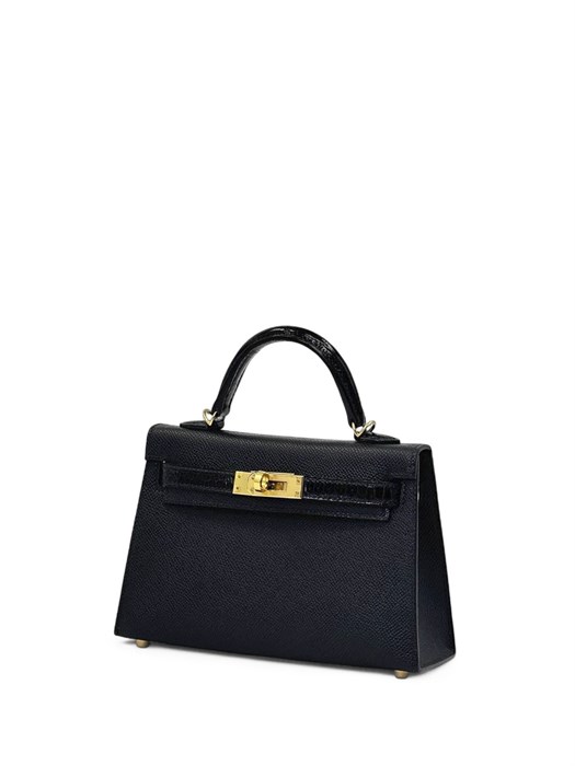 HERMES сумка Mini Kelly кожа Эпсом 19 см с крокодилом черная золото СК-00314