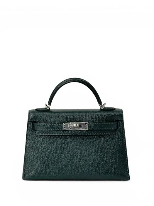 HERMES сумка Mini Kelly кожа Шевре 19 см темно-зеленая серебро СК-01522