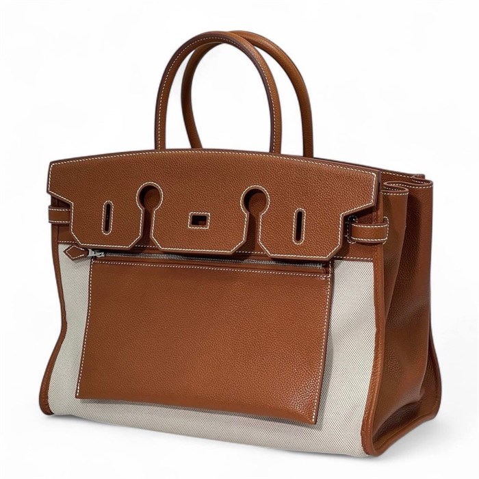 HERMES Birkin 35 см сумка вывернутая кэмел барения текстиль СК-00468