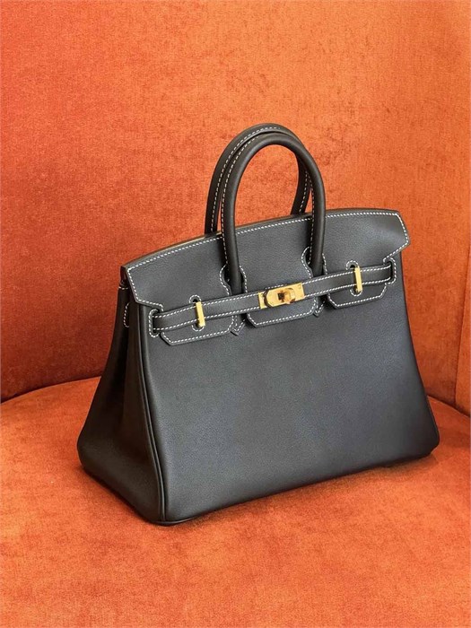 HERMES сумка Birkin 25 см кожа свифт черная с белой строчкой золото СК-01458